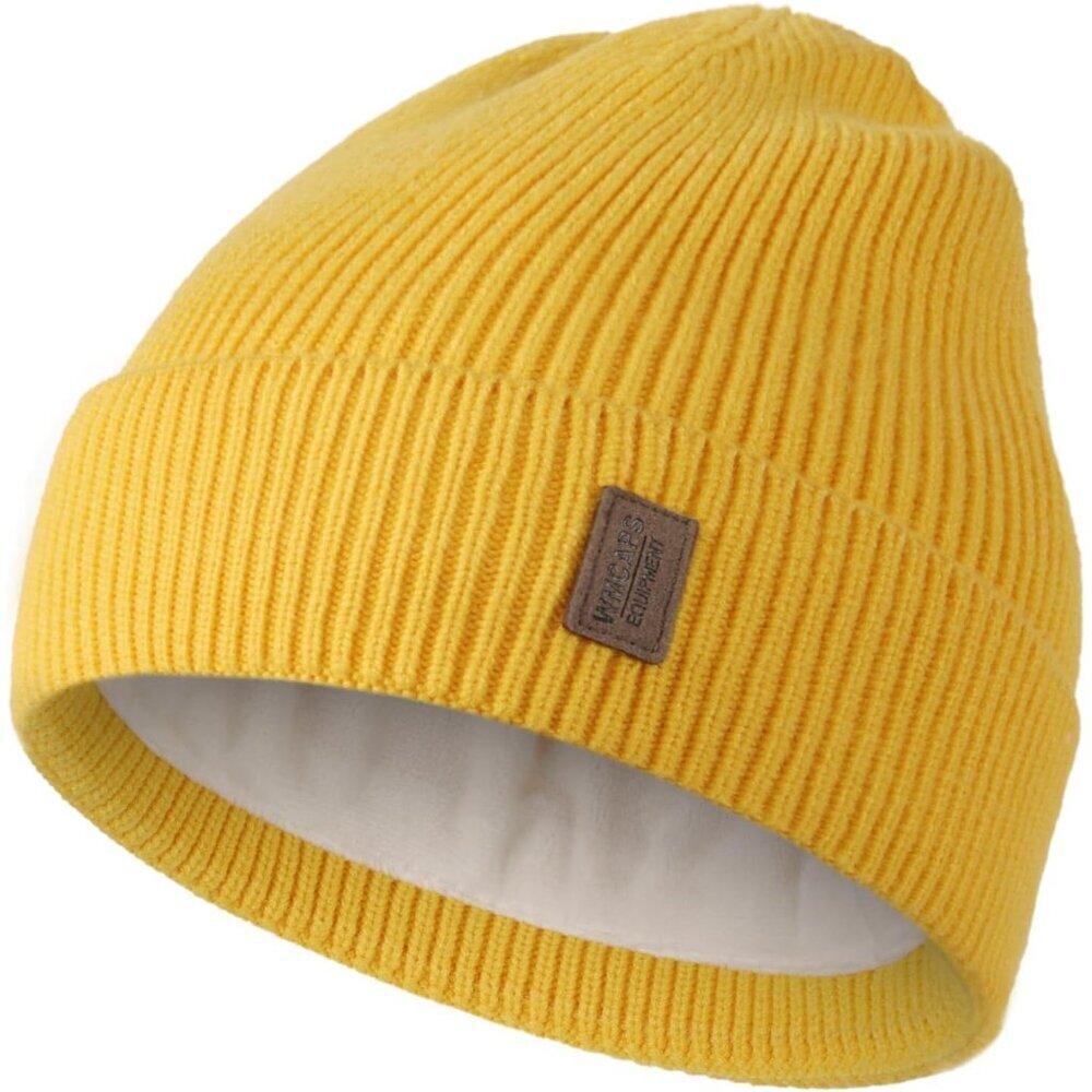 Men's Yellow Fleece Lined Beanie Soft Winter Warm Ski Stocking Knit Hat